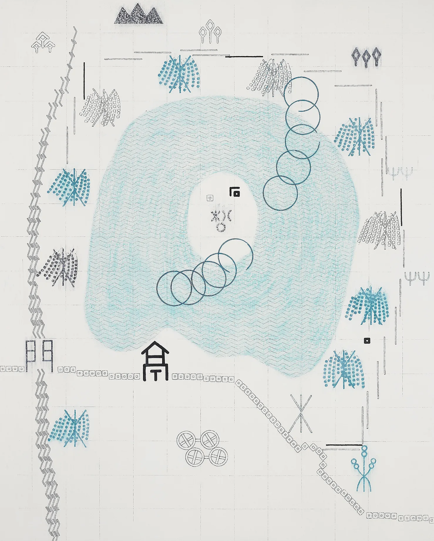 송윤주_방화수류정(訪花隨柳亭)_장지에 먹, 안료, 스크래치_162x130cm_2021