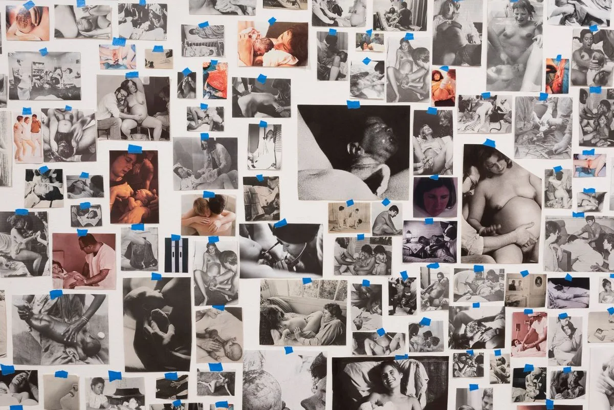 Carmen Winant’s My Birth (detail), 2018. Site-specific installation of found images, tape. The Museum of Modern Art.Photo: Kurt Heumiller / © 2018 Carmen Winant