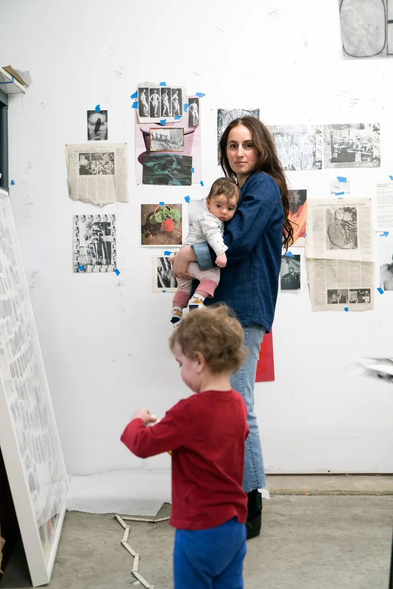 Carmen Winant in her Columbus, Ohio, studio with her sons, Carlo, 2, and Rafa, 2 months. Photo: Luke Stettner