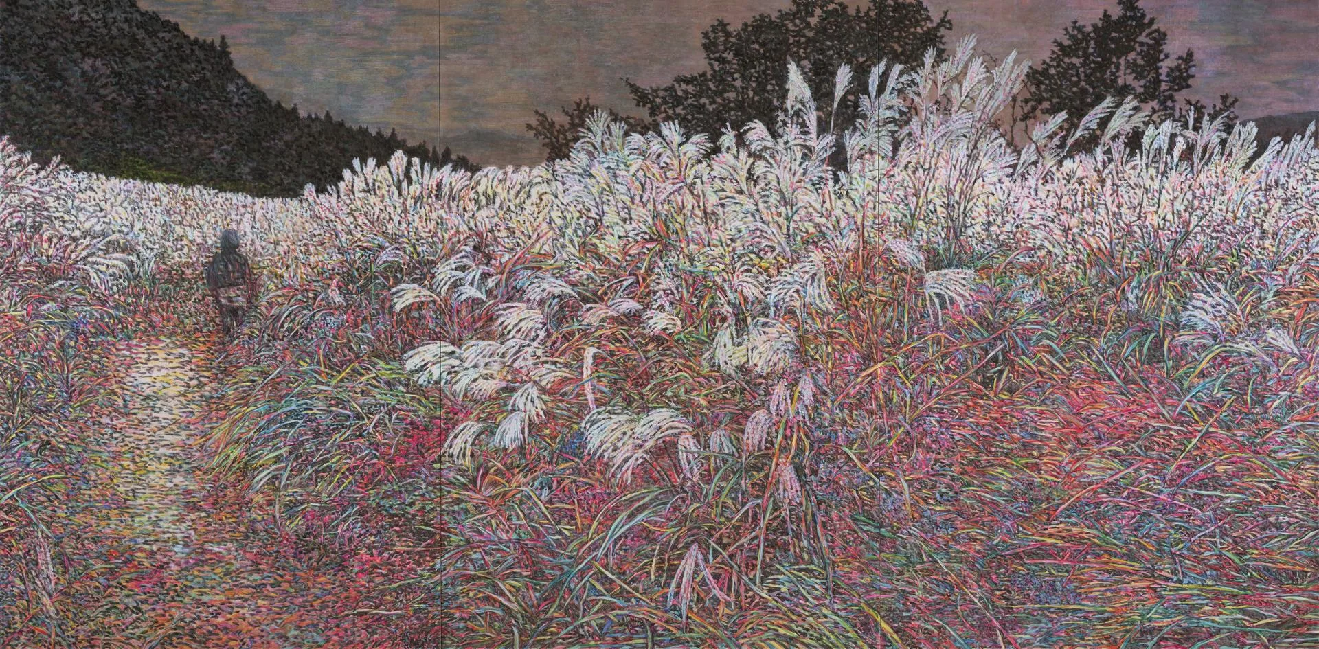 서민정, 돌아 가는 길 Way to Back, 2020, 장지에 먹, 주묵, 분채, 카본블랙, 193.9 × 390.9 cm