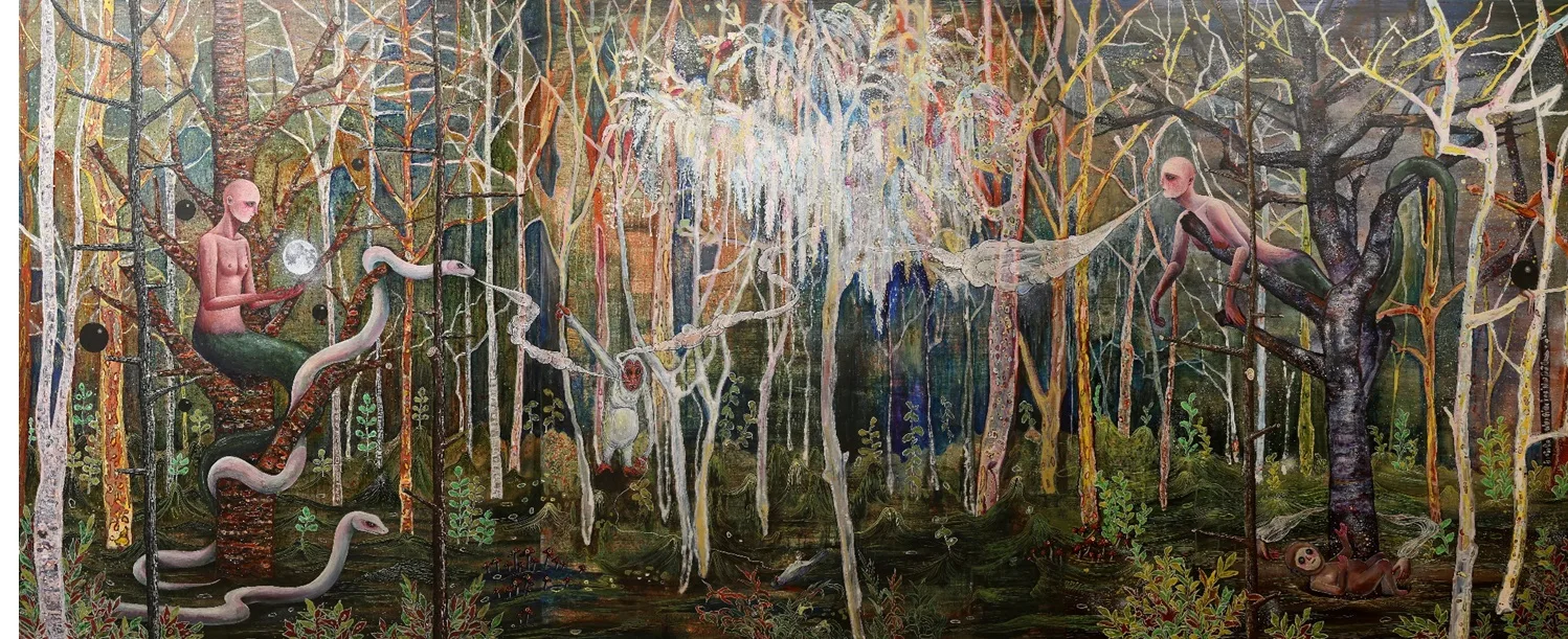 이희명, The Siren, 390 × 162 cm, 캔버스 위에 과슈, 아크릴, 2013-2023