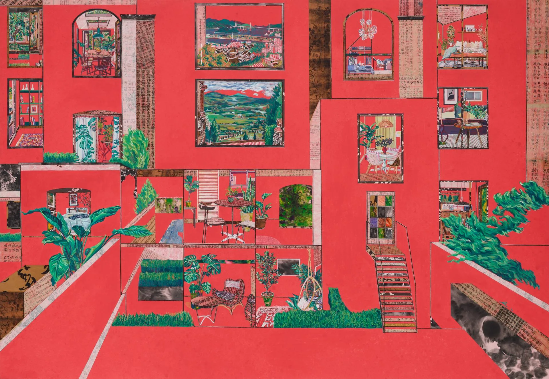 권인경 열린 창 1, 135 × 197 cm, 한지에 고서꼴라쥬, 수묵, 아크릴, 2023