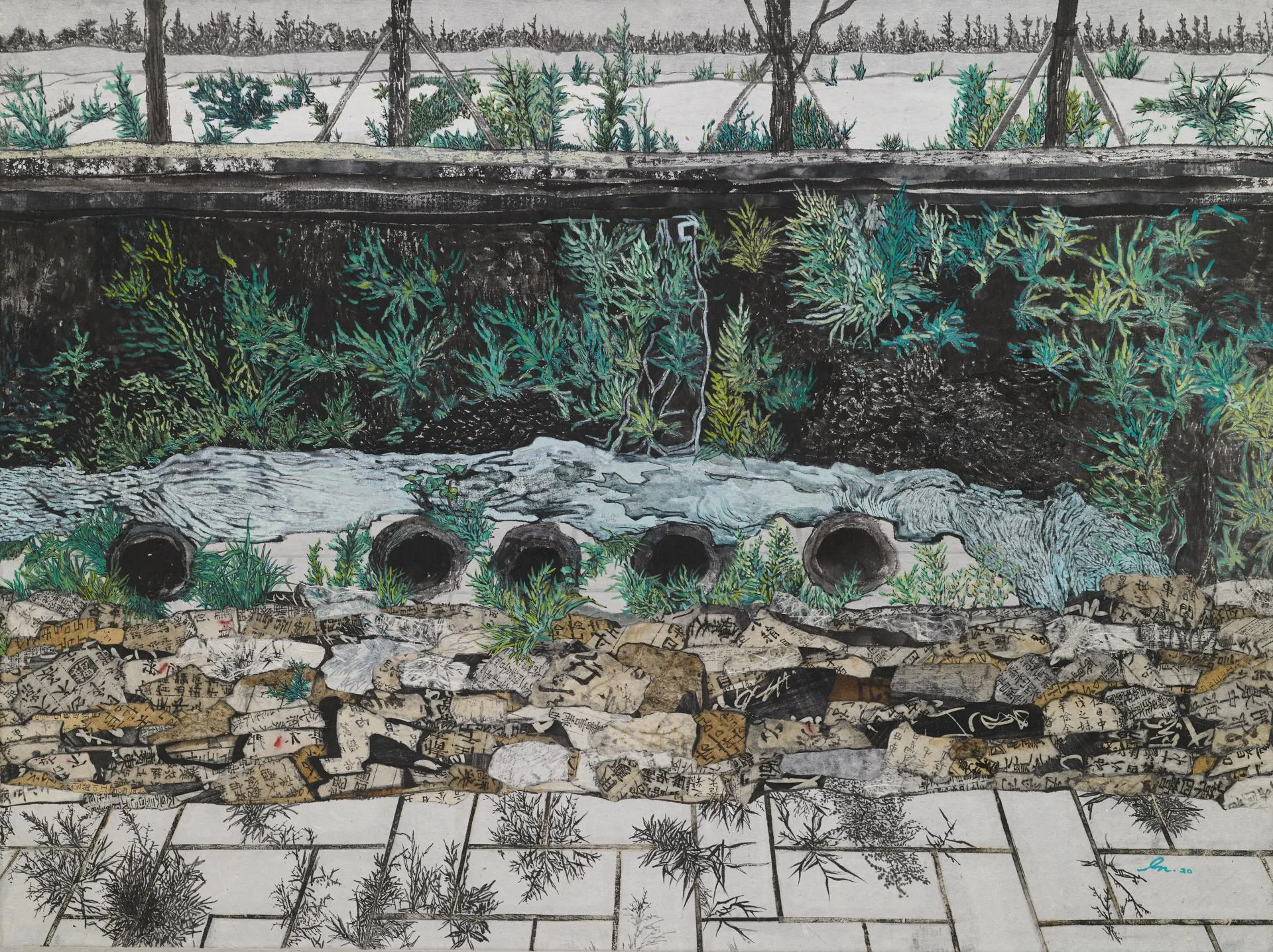 권인경 서로 다른 기억들 5, 59.1 × 79 cm, 한지에 고서꼴라쥬, 수묵, 아크릴, 2020