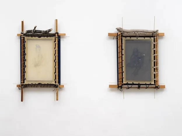 Homed (Unwilling & Never Not Awkward), 2021 - 2022
Natural mineral pigment suspended in glue on silk, colored pencil on paper, brass, beach wood, waxed cotton, leather, blackened steel, book clothes, sterling silver
36 x 24 inches/91.5 × 61 cm.
(image courtesy François Ghebaly Gallery)