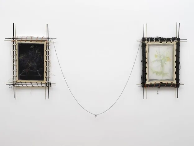 Bail Mother Melancholy (Sunday Garden Given Forgiven), 2021
Mineral pigment suspended in glue on silk, colored pencil, conté on paper, brass, wood, waxed cotton, leather, blackened steel, found wood cross painted with India ink, sterling silver
36 x 24 inches/91.5 × 61 cm.
(image courtesy François Ghebaly Gallery)
