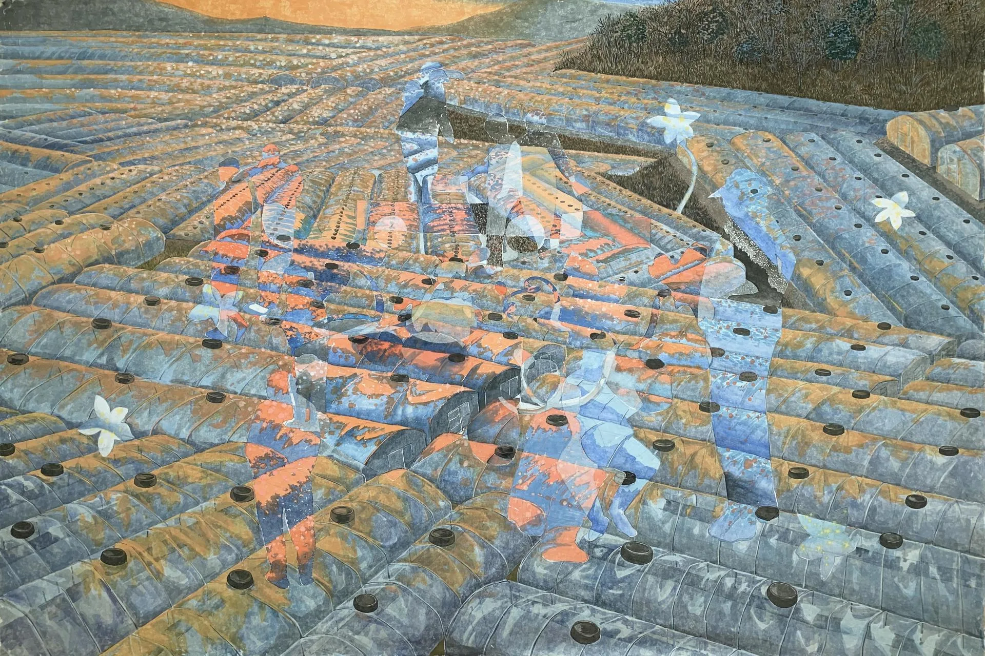 모유진 _단단한 윤슬, 2024, 한지에 채색 및 덧붙임, 147 × 200 cm