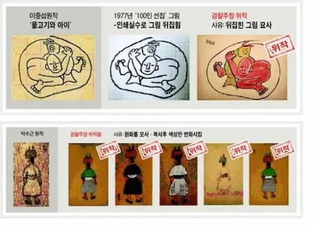 2005년 일어난 이중섭, 박수근 위작 사건은 12년만인 2017년 대법원에서 위작으로 판단하고, 판매한 소장자에게 유죄를 확정했다.