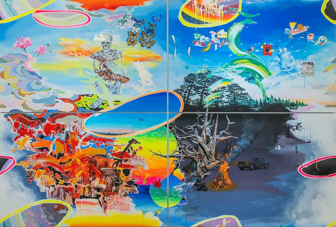 이세준, Painted Painting , 2023, 리넨에 아크릴릭, 유채, 형광안료, 260.6 × 394 cm. 서울시립미술관 소장.