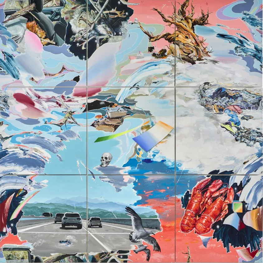 이세준, 가능세계의 그림들, 2024, 리넨에 아크릴릭, 유채, 형광안료, 291 × 291 cm