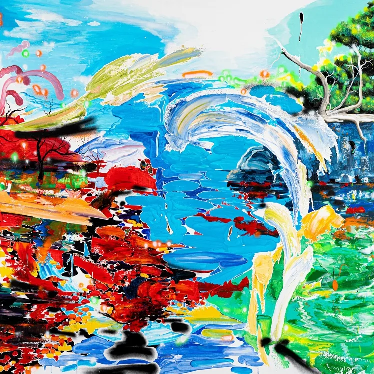 이세준, 〈 계절의 사이에서 〉 2024, 캔버스에 아크릴릭, 유채, 형광안료, 130.3 × 130.3 cm