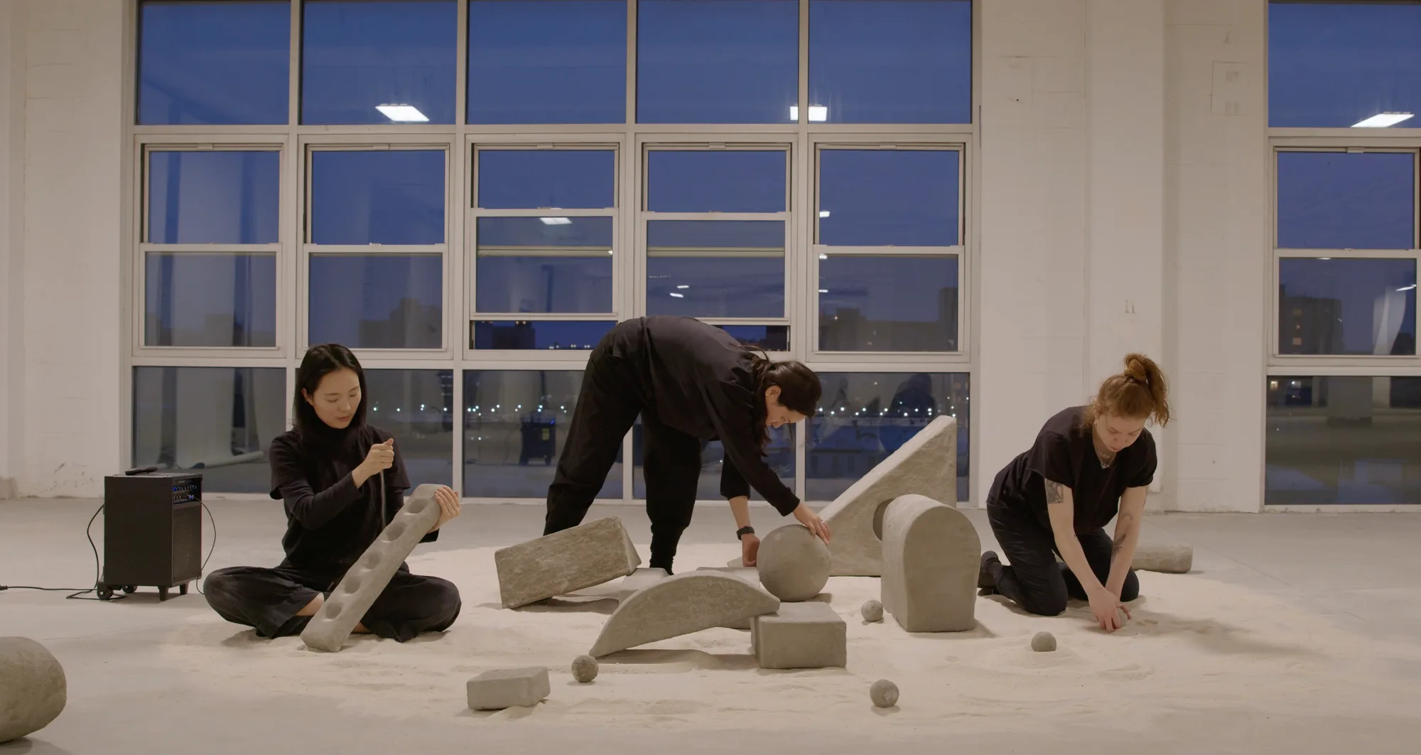 전효주, 모래성 쌓기: sandcastle building, 2024, basswood, plaster, concrete, sand, dimension variable