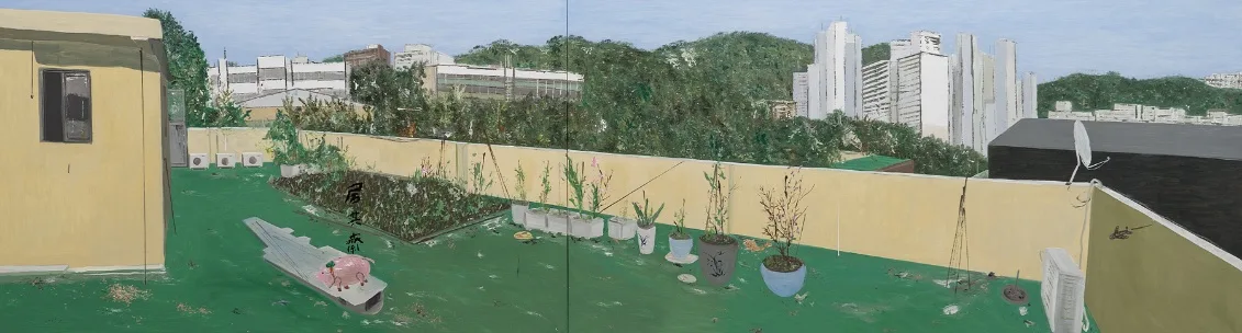 사적인 공간과 3개의 공공건물 Private Space and 3 Public Buliding_oil on linen_97×356㎝_2024