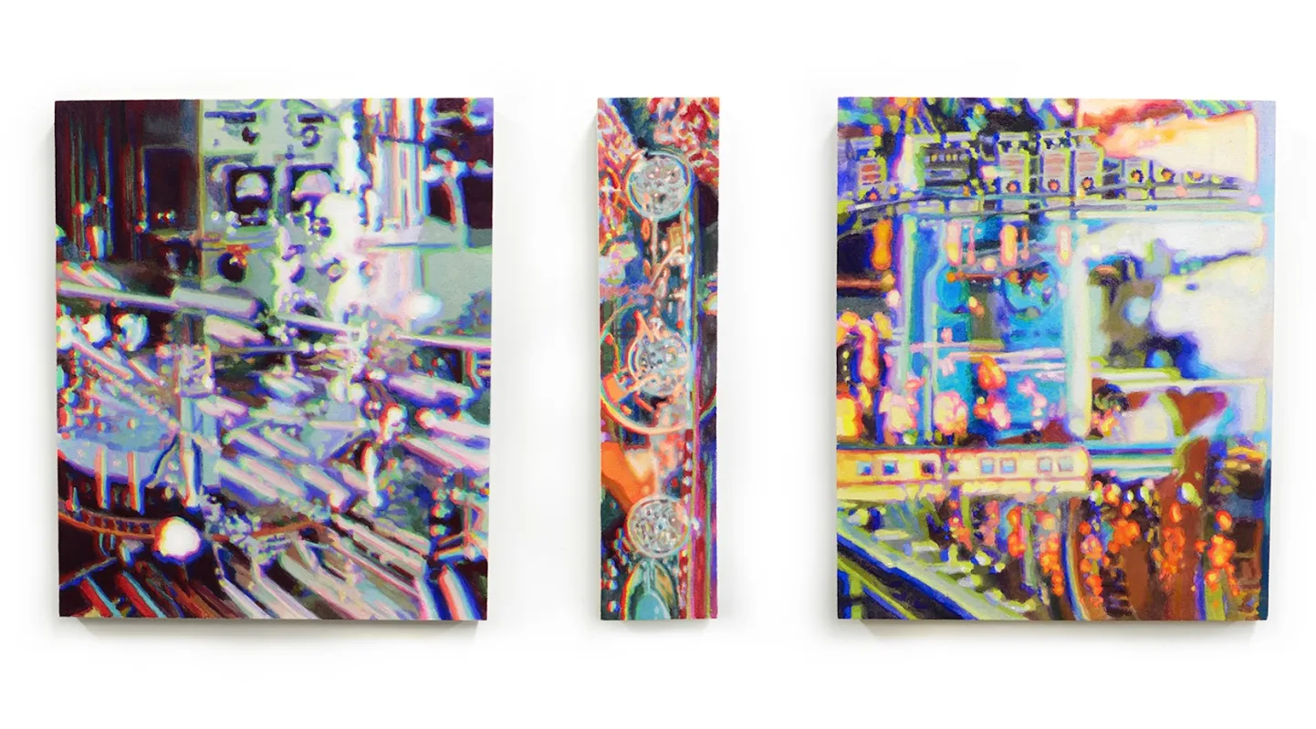 김리나 〈Factory Operation Series〉, 2025, 광목에 석채,  45.5 × 37.9 cm, 45.5 × 37.9 cm, 45.5 × 10 cm
