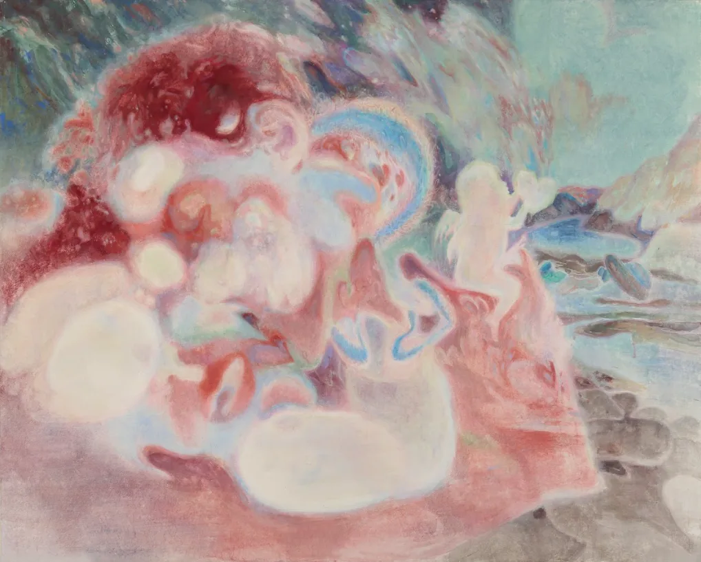 김리나, 〈Fragile Bliss〉, 2023, 장지에 석채 및 혼합재료, 130.39 × 162.2 cm.